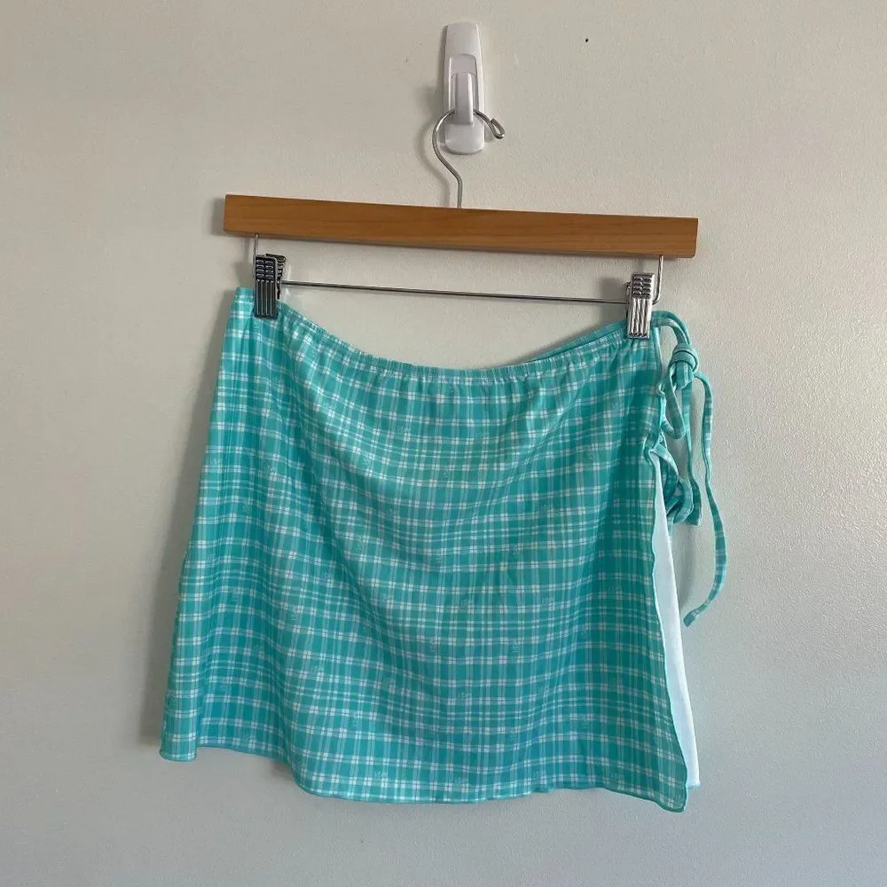 Revolve x VDM Paris Blue White Gingham Check Tie Swim Cover Up‎ Skirt Large